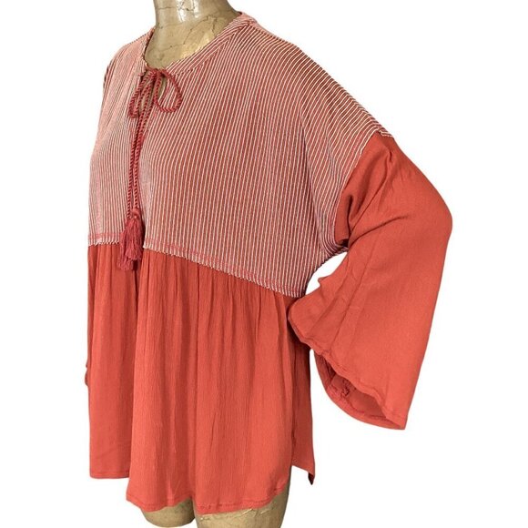Gigio Long Bell Sleeve BOHO Tassle Tie Tunic Top Sz S Rust #312J - Picture 5 of 9